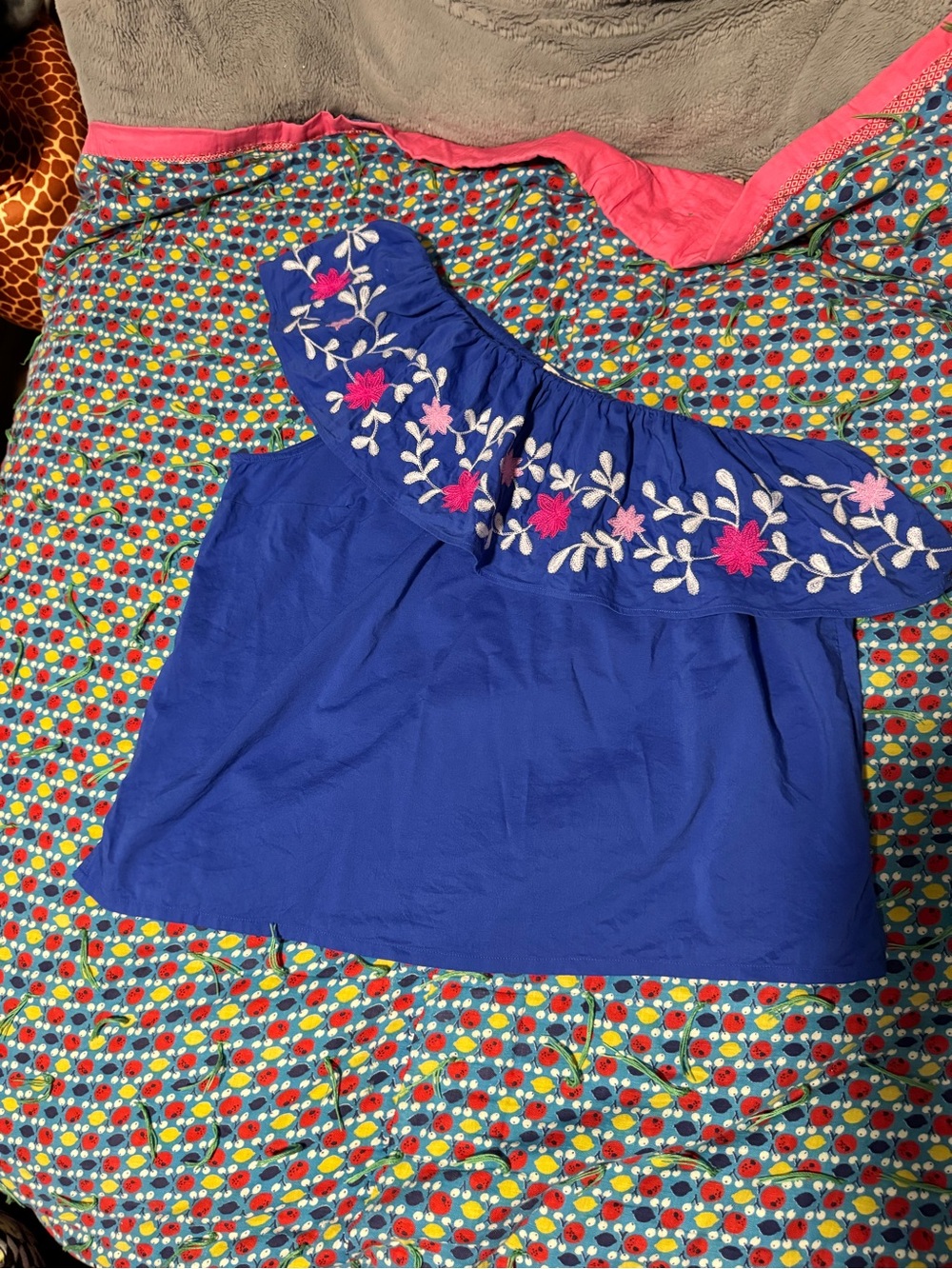 LOFT Royal Blue One-Shoulder Embroidered Ruffle Blouse